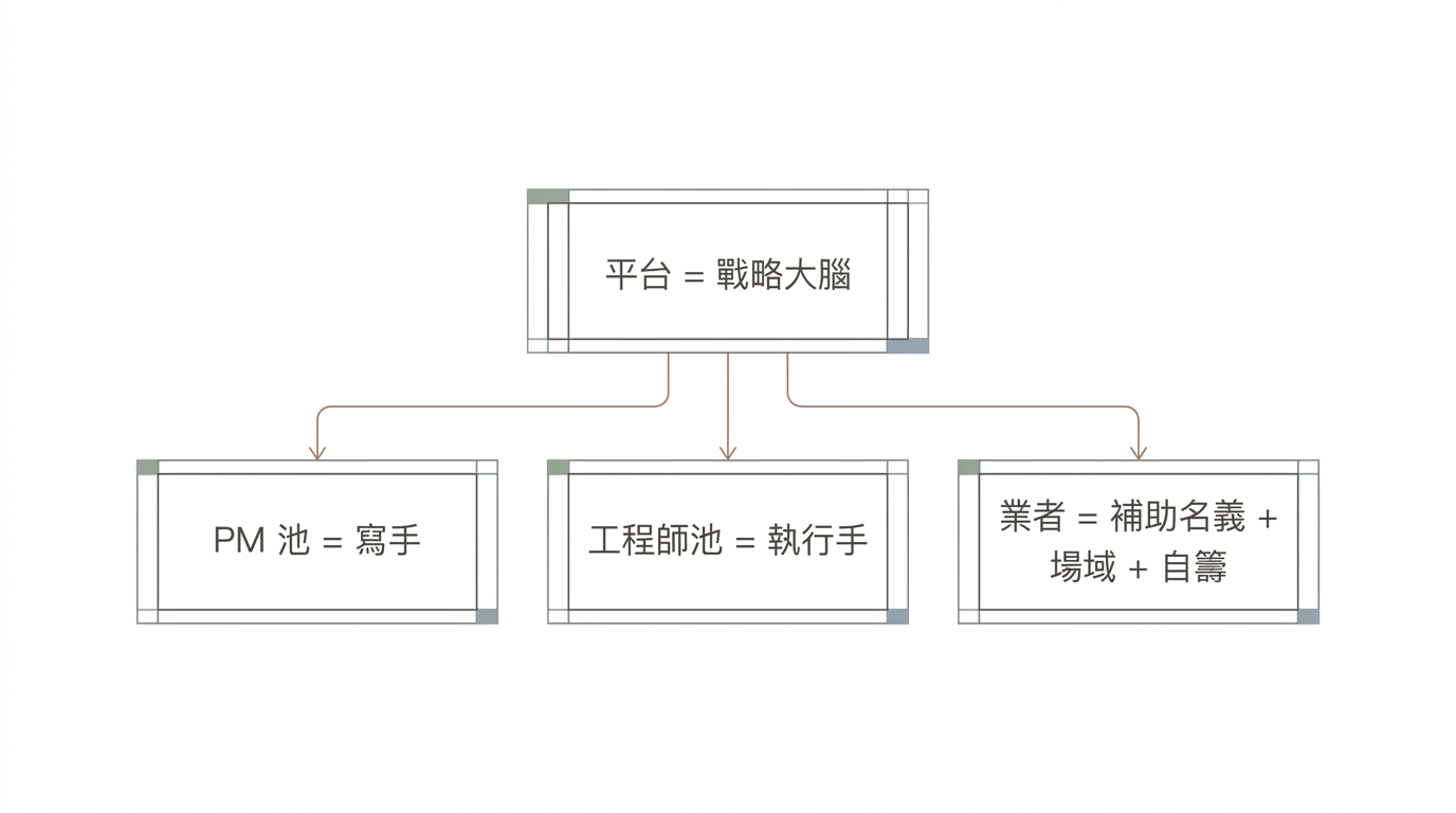 Platform = strategic brain, PM pool = writers, engineer pool = execution, companies = funding name + site + co-funding